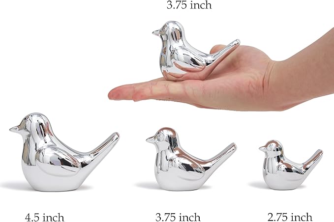Small Silver Bird Statue Ceramic 2-Piece Set, 3¾ inch Cute Knick Knack for Home Office Shelf Desk Decor