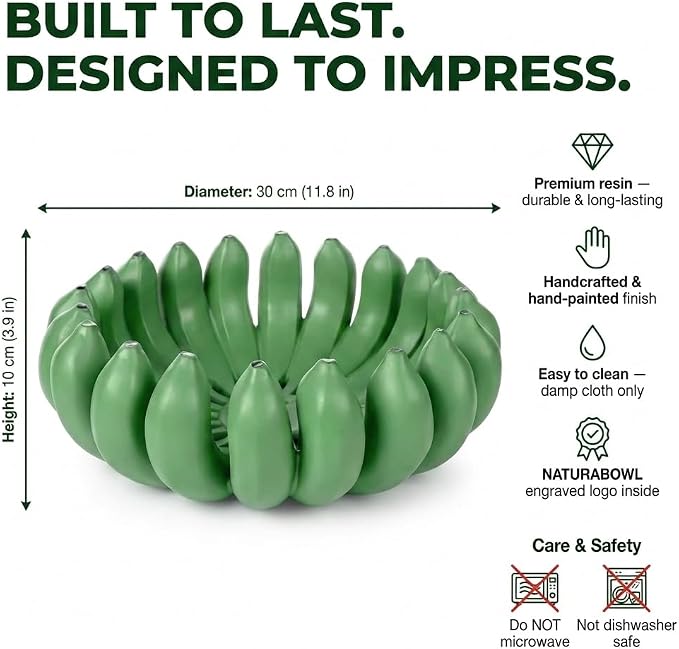 12 inch large Banana fruit bowl holder Handcrafted Art Centerpiece - Modern bowl for Kitchen,Dining Table & Entryway - Home Decor - Premium gifts - Sculptural Home Decor. (Green)