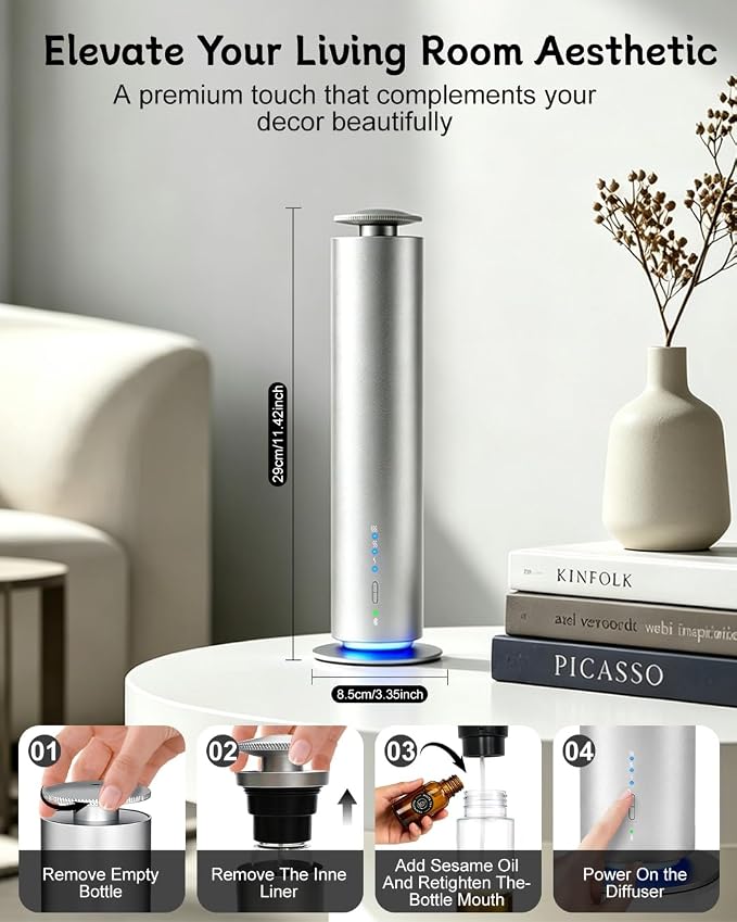 JEKAL Waterless Scent Diffuser Starter Kit with 5 Oils - Smart APP Cold Air Scent Machine, Up to 2000 Sq Ft for Homes Offices Hotels Spas - Quiet Essential Oil Diffuser 8H Battery 3-Color Light,Sliver