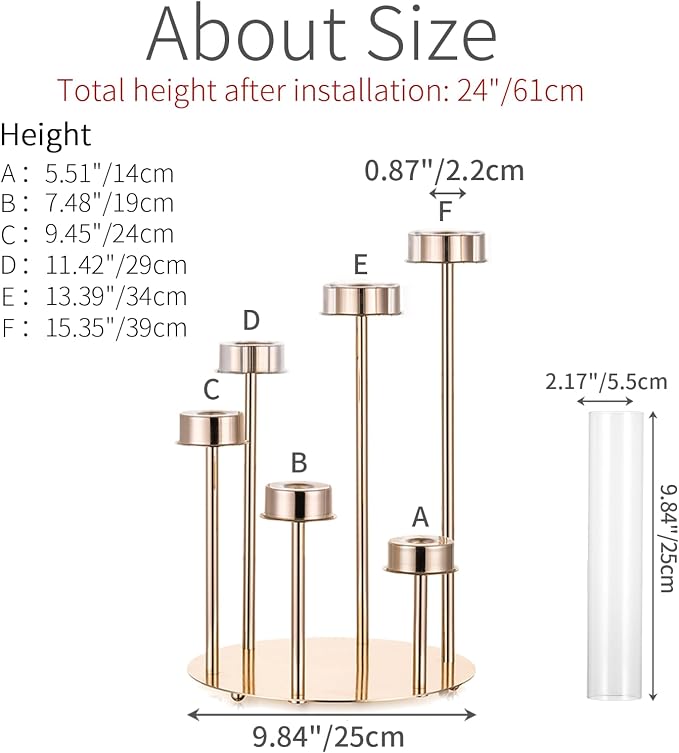 Hurricane Glass Taper Candle Holders: 6 Arm Gold Candelabra Candlestick Holders 24" Tall Candle Holder Candlestick Hurricane Large Gold Candle Holders with Removable Glass Cover Wedding Party Home