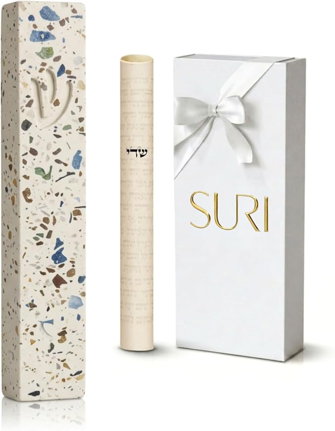 SURI Mezuzah for Door – 6 Inch Terrazzo Turquoise Concrete Mezuzah Case with Non Kosher Scroll, Self-Stick Jewish Entry Design, Fits a 5 Inch Non Kosher Scroll, Gift Box Included