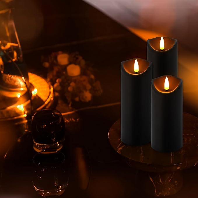 24 Pack Black Halloween Decoration Flickering Flameless Candles(D2.2 xH 5" 6" 7"), Battery Operated LED Pillar Candles with Remote Control and Timer,for Home Decor.