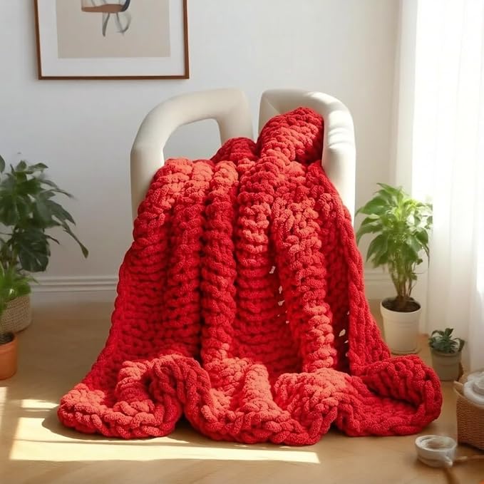 Handmade Chunky Knit Blanket, Cosy Chenille Throw (Red, Throw (50" x 60"))