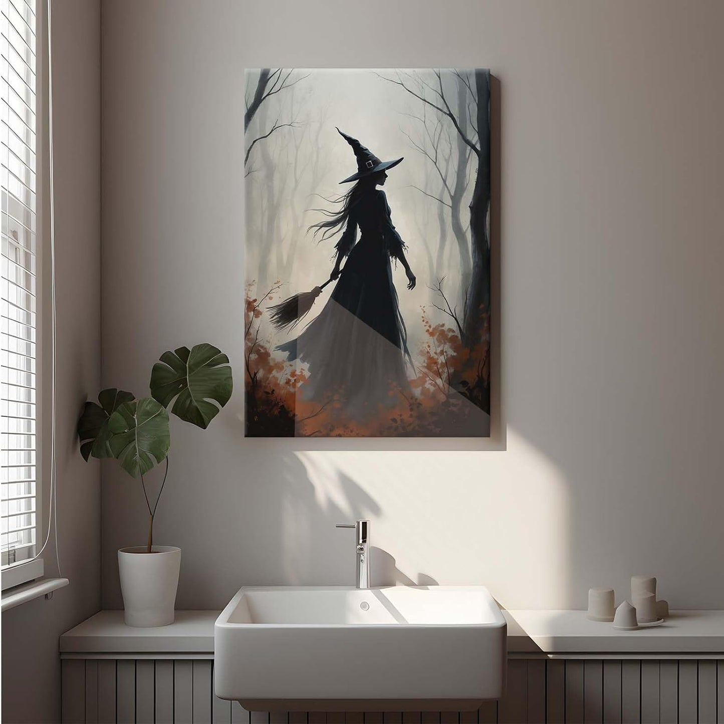 Vintage forest witch silhouette poster Halloween mural poster decoration mural art magic suitable for home living room bedroom16x24in Wood Framed