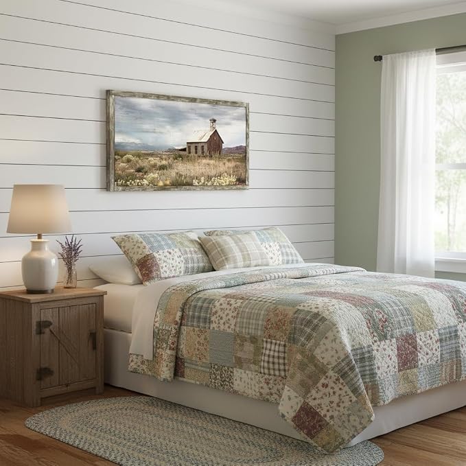 Country Wall Art Framed Picture: Large Farmhouse Old Barn Wood Painting Decor Rustic Bedroom Living Room Farm Scene Print Horizontal Panoramic Nature Landscape Countryside View Artwork for Home