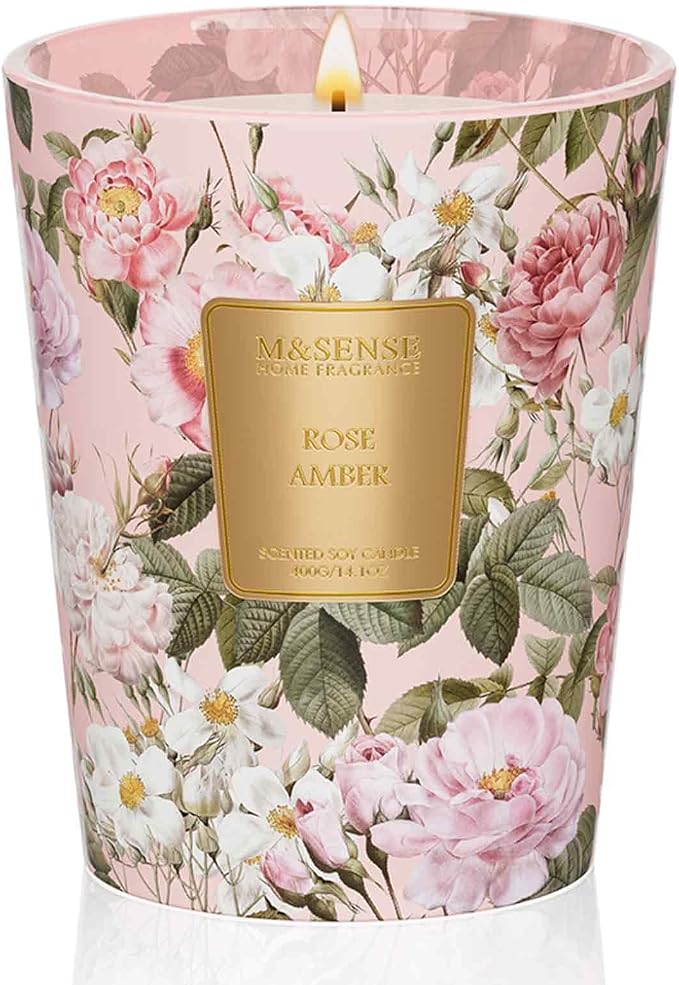 M&SENSE Rose Amber Soy Candle, 14.1oz, Romantic Candle Gift for Women | 60H Slow Burn, Non-Toxic, Romantic Anniversary Home Fragrance, Stress Relief Housewarming Gift