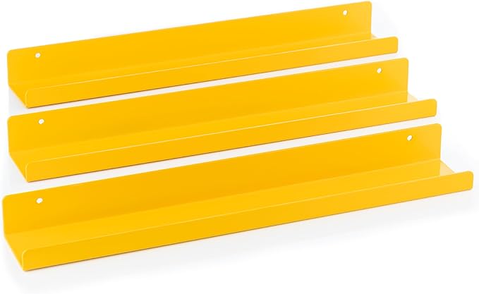 Vinyl Record Shelf - 3 Metal Display Shelves - Wall Mount Now-Playing Vinyl Shelves - an Album Record Holder That Doubles as a Picture Ledge - Fits All Records (Yellow)