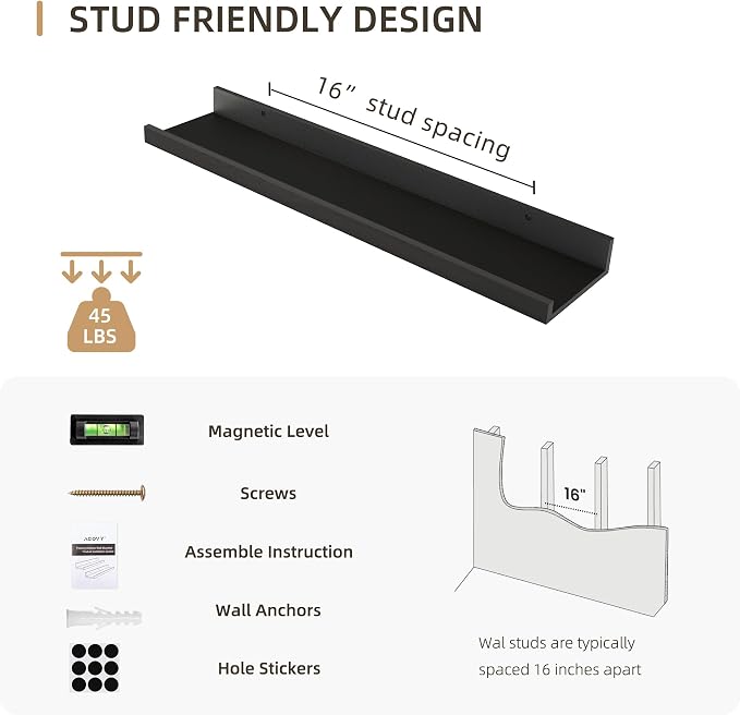 Acovy 24 inch Picture Ledge Shelf, Wood Floating Shelves Set of 4, Black | Wall Mounted, For Living Room Kids' Room Bedroom, Photo Ledge Nursery Book Shelves