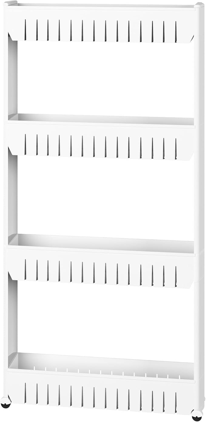 4-Tier Storage Organizer Rack - Plastic Rolling Cart for Office, Dorm, Bedroom, Bathroom, and Laundry Room Organizing by Lavish Home (White)