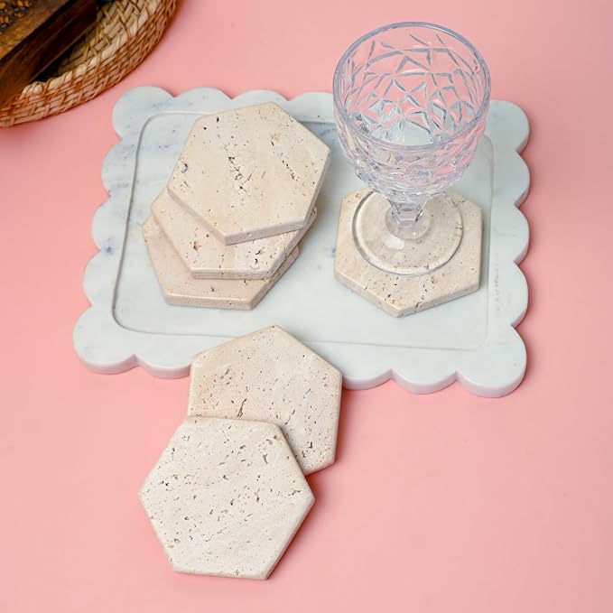 Perilla Home Handcrafted 3-4" Travertine Coaster - Set of 6 Hexagon Coaster for Home, Kitchen or Office,Natural Absorbent Coasters for Hot & Cold Beverages Perfect Table Accessories for Modern Living