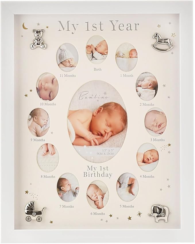 Happy Homewares Bambino Multi Aperture First Year Wooden Collage Photo Frame with Silver Icons - Perfect for a Family with a