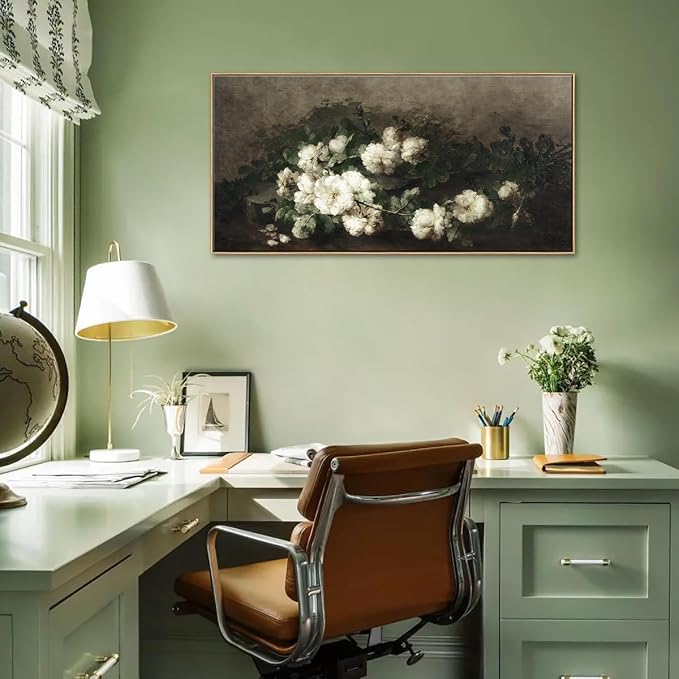 DJSYLIFE Vintage White Rose Still Life Framed Wall Art, Classical Painting | 20x40 Inch Floral Canvas Print, Solid Wood Frame, Ready to Hang, Elegant Decor for Living Room, Bedroom, Above Bed