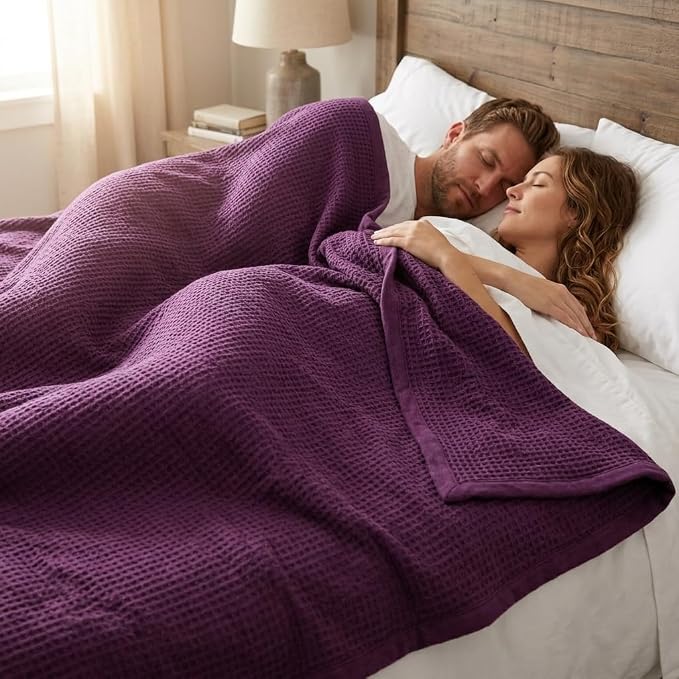 TreeWool Premium 100% Cotton Waffle Summer King Blanket (90"x108", Plum) | 420 GSM Breathable Lightweight Moisture Wicking Soft Knit Thermal Blanket for Bed or Sofa All-season Comfort Machine Washable