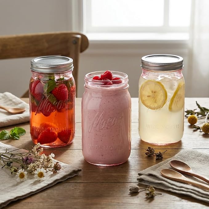 Rubtlamp Pink Mason jar 32 oz, 12 Pack Glass Jars - Wide Mouth Mason Jars with Airtight Lids for Pickling, Fermenting, Food Storage&DIY Crafts, Microwave & Dishwasher Safe