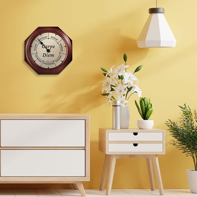 Classic “Carpe Diem” Day of The Week Wall Clock - 10" Solid Mahogany Wood Frame, Ideal Retirement Gift for Men and Women, Day Clock for Seniors and Retirees