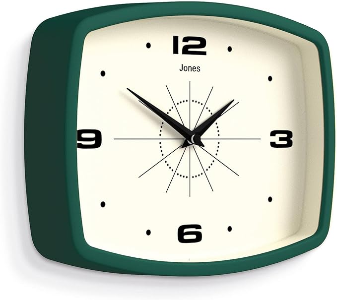 JONES CLOCKS® Movie wall Clock | Retro Rectangular Clock | 10 inch | Dark Green | Cool mid-Century Designer Look for Kitchen, Living Room or Office