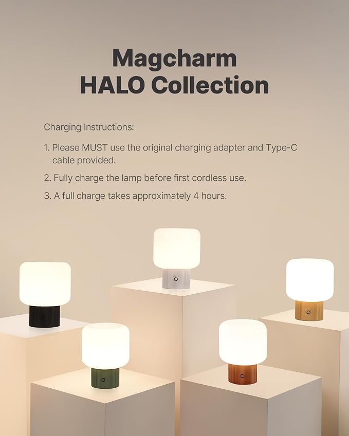MAGCHARM Halo Mushroom Lamp, 5W Cute Cordless Rechargeable Table Lamp with Glass Shade, 3-Color Dimmable Small Retro Touch Bedside Lamp for Bedroom Ambient Decor (Orange)