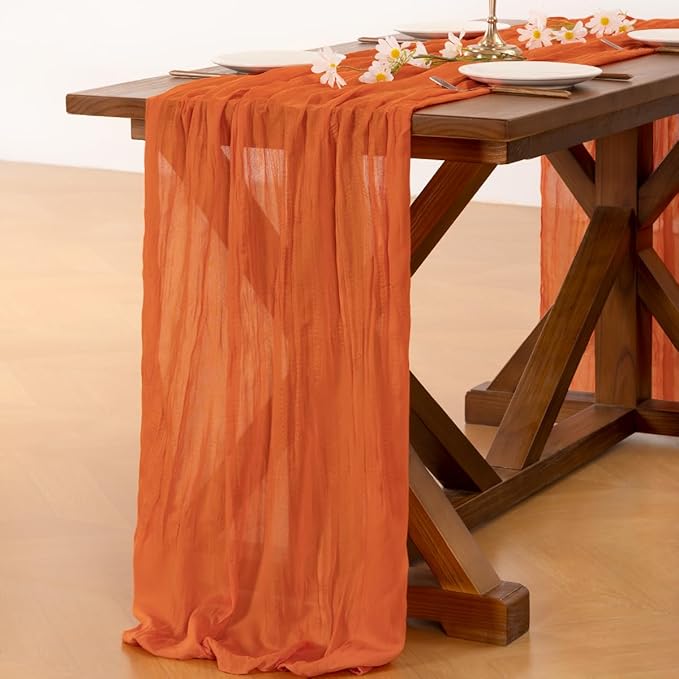Socomi 10pcs Orange Valentine's Day Cheesecloth Table Runner Boho Rustic Gauze 120 inch 10FT Cheese Cloth Runner for Wedding Party Baby Shower Birthday Home Decor Holiday Decorations