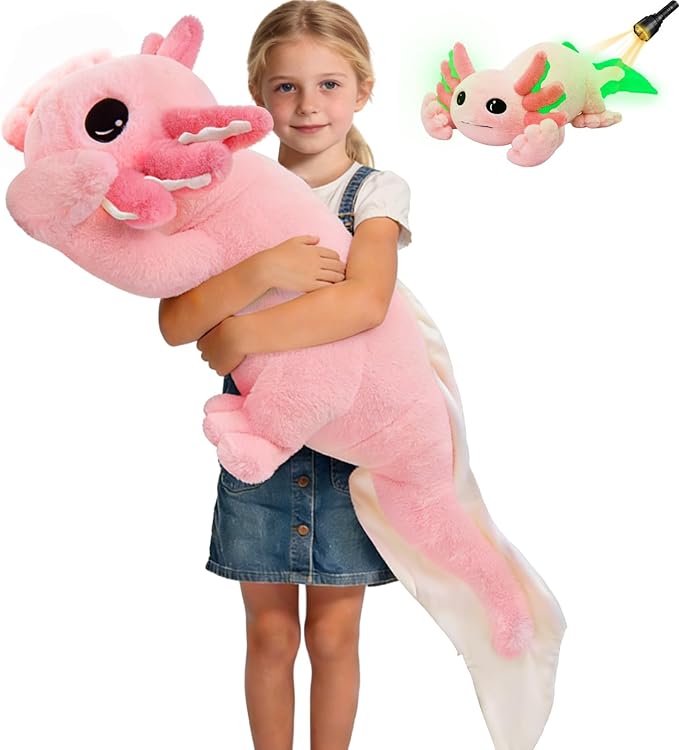 MaoGoLan Giant Axolotl Plush Toy Stuffed Animal, 40" Glow in The Dark Axolotl Plush Pillow for Girl Boy Kid, Soft Jumbo Pink Salamander Body Pillow for Birthday Gift Baby Shower Party Favor Decor