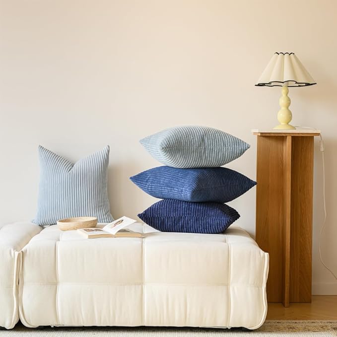 LANANAS Neutral Couch Throw Pillow Covers 18x18 Inch Set of 4 Decorative Farmhouse Boho Throw Pillows for Living Room, Couch, Bed, Sofa Soft Corduroy Accent Home Decor (Blue Ocean, 18x18 Inch)