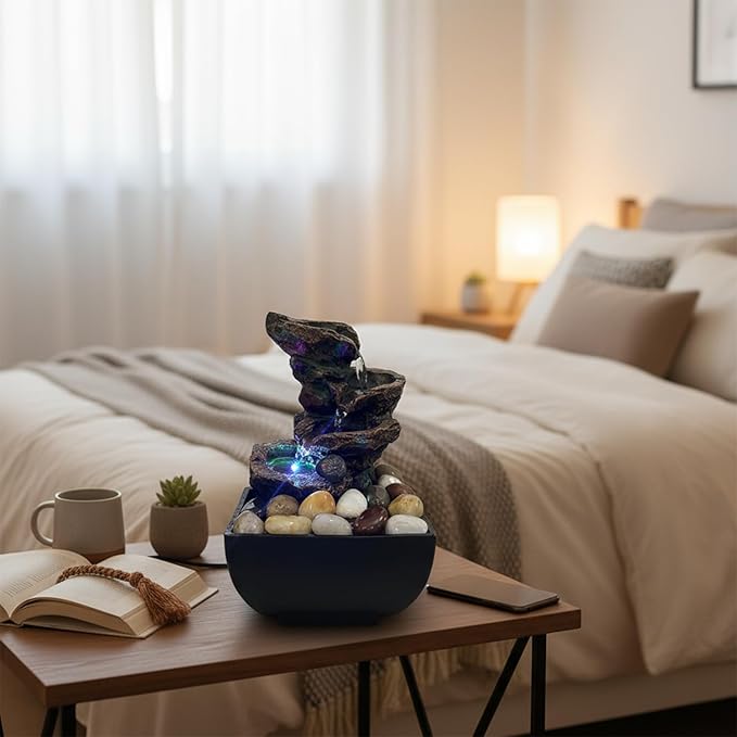 Tabletop Fountain Indoor Waterfall Rock Fountain, Meditation Fountain with Color LED Light, Waterfall Feature for Home Office Decor
