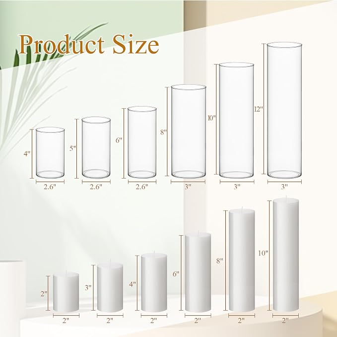 Shihanee Set of 24 Pillar Candles and Glass Cylinder Vases Assorted Sizes Cylinder Holders for Pillar Candles Home Table Centerpieces Wedding Party Decorations (White)