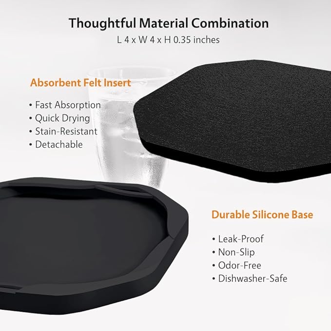 UMIRRO Black Octagon 4" Felt & Silicone Drink Cup Coasters Set of 6 with Holder - Super Absorbent, Built-in Leak Protection, Non-Stick, Modern Coasters for Coffee Table, Desk & Home Decor