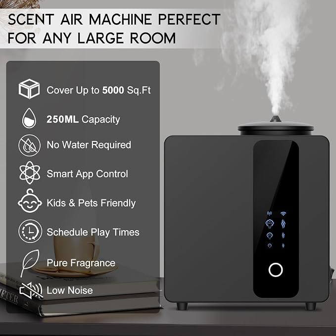 2026 Upgraded HVAC Scent Diffuser Machine Kit, Includes 2 Premium Oils, Wi-Fi Control, Cover 5000 Sq.Ft, Waterless Cold Air Aromatherapy Essential Oil Hotel Fragrance Diffuser for Large Room - Black