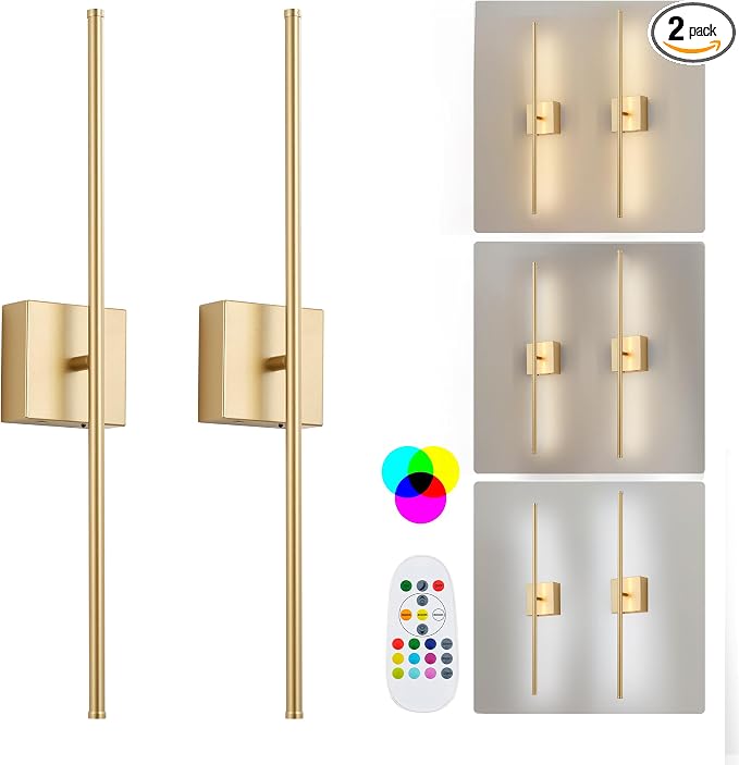 KARTOOSH 28.3 Inch Battery Operated Wall Sconces Wireless Set of 2, Gold | RGB Wall Lamps, 3 Color Temps, Remote Control, Dimmable Rotatable, LED Wall Lights for Living Room Bedroom