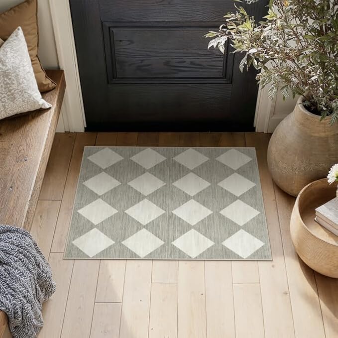 PureCozy Machine Washable Gray 2x3 Area Rugs for Entryway Modern Soft Checkered Indoor Door Mats Non-Slip Stain Resistant Low Pile Accent Small Rug for Bedroom Kitchen Laundry Entrance