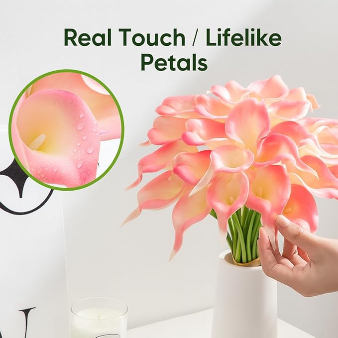 Floral Kingdom 20 Pack 14" Calla Lily Artificial Flowers – Real Touch Blush Pink Latex Faux Flowers for Home Decor, Table Centerpieces, Living Room and Weddings