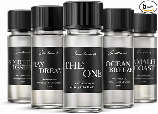 Scentiment Luxury Hotel Scents – 5 Fragrance Oil Set | Secret Desires, Day Dream, The One, Ocean Breeze & Amalfi Coast | Fresh, Floral, Woody & Citrus Scents | Home Diffuser Oils (5 x 20 mL)