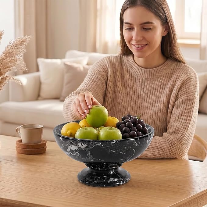 Radicaln Marble Fruit Bowl For Kitchen Counter 10" Inches Black Handmade Decorative Bowl For Kitchen Table, Ideal Key Holder, Candy Dish and Marble Pedestal Bowl