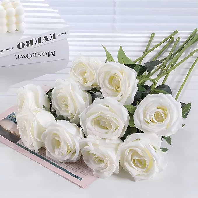 Rowfad 60 Pcs Artificial Roses Bulk Velvet Silk White Roses White Roses for Wedding Centerpieces Bridal Bouquet Mohter's Day Valentine's Day Home Decor (60, White)
