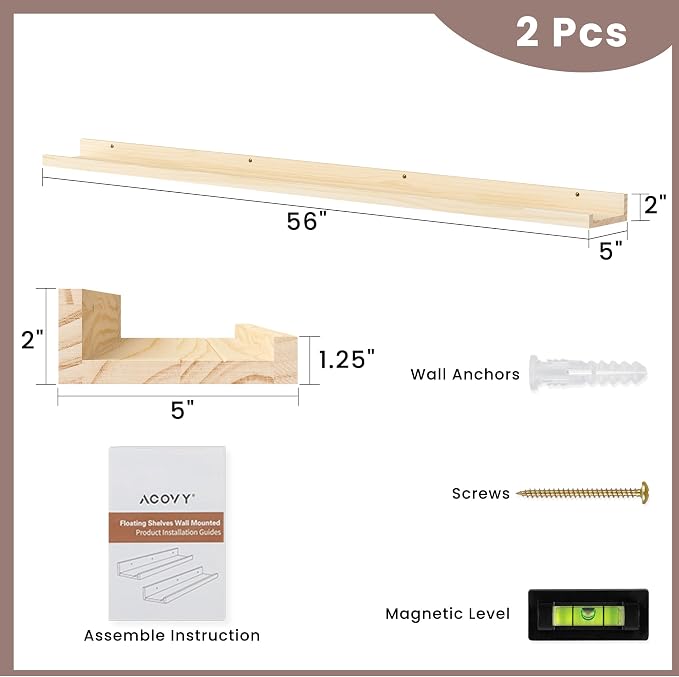 Long Floating Shelves for Wall, 55 inch Solid Wood Picture Ledge Shelf, Picture Shelf for Wall with Ledge, Floating Book Shelves for living room Bedroom Nursery Decor, Natural Unfinished, Set of 2