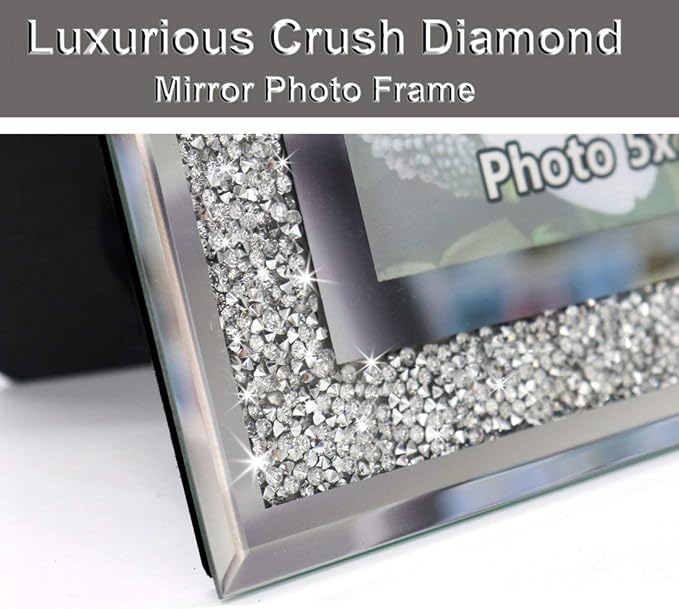 ALLARTONLY Crush Diamond Mirror Photo Frame In Bling Sparkle Crystal Silver Glass Finish, For Picture Size 4x6 inch, Pack of 2 Piece, table top Stand frame & Wall Frame