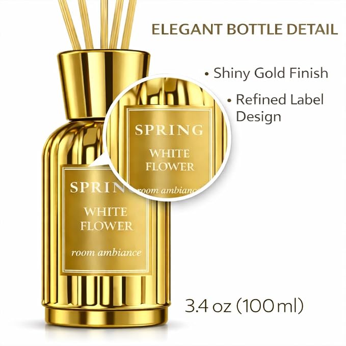 SPRING Reed Diffuser Set – Luxury Everyday Home Fragrance | Fragrance Made in France | White Flower Scent (Lily, Jasmine & Tuberose) | Alcohol-Free | 3.4 oz (100 ml)