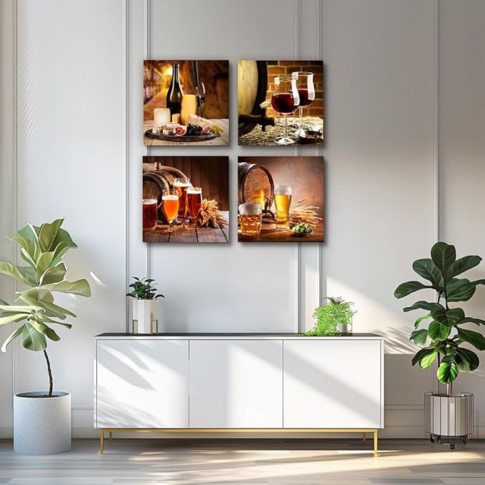 Kitchen wall decor Restoring ancient ways Still life Wine glass Wine barrel Canvas Prints Wall Art for Dining Room Bar Home Decorations 16x16 inch/4 piece restaurant posters decor Artwork Home decor