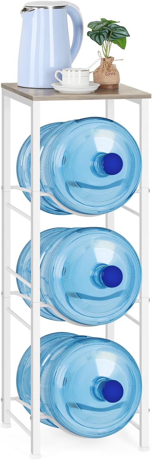 5 Gallon Water Bottle Holder Storage Rack, Water Cooler Jug Holder with Storage Shelves, 3-Tier Water Dispenser Stand for Kitchen Living Room Office, Rustic Grey