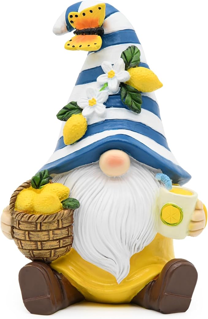 Lemon Decor Spring Garden Gnome, Mediterranean Decor Resin Figurines, Lemon Party Decoration for Home Kitchen Office Tiered Tray, Summer Gnomes Gifts