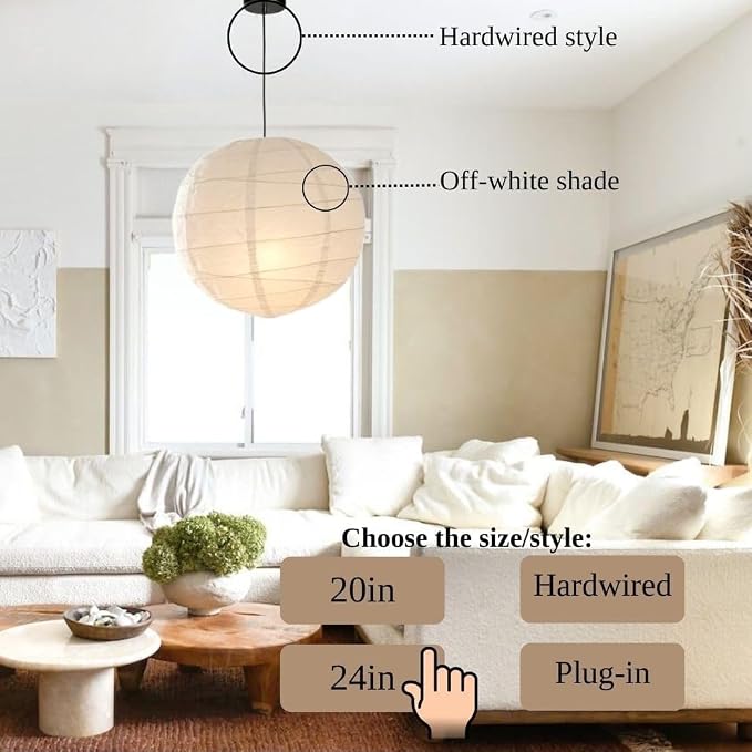 Nogy Japanese Style Lantern Pendant Light - Off White Round Handmade Rice Paper Lamp Shade with Cord Kit (Hardwired, 23.5 in)