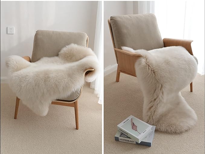 HUAHOO Premium Genuine Sheepskin Rug Linen Real Australia Sheepskin Natural Luxury Fluffy Lambskin Fur Area Rug Seat Covers for Kids Bedroom Sofa Chair Cover Pets Dogs Mat Double Pelt/2' x 6' Linen