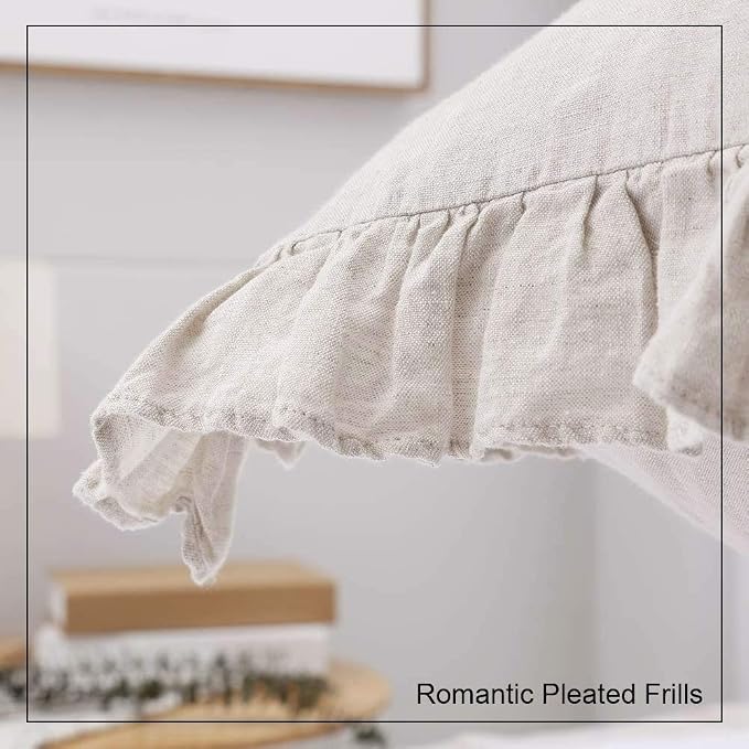 100% French Linen Throw Pillow Covers - Set of 2 - Washed Flax Decorative Ruffled Square Cushion Cover Solid Color Soft Breathable - Linen, 18'' x 18''