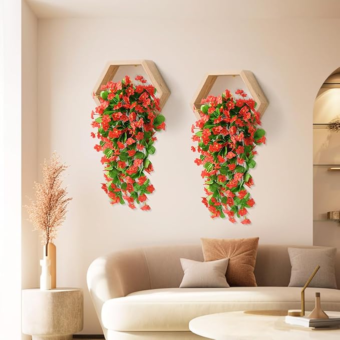 ZFProcess 2PCS Artificial Hanging Flowers, Fake Hanging Plants Violet Vines UV Resistant for Wall Home Room Garden Wedding Indoor Outdoor Spring Summer Decoration(Red)