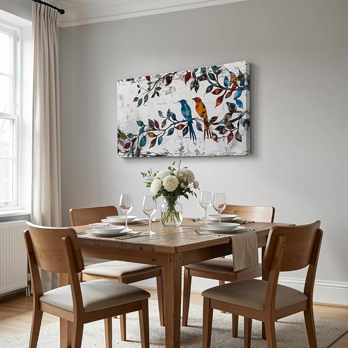 Wall Art Funny Paintings Colorful Birds on a Branch Art Mural Pop Art Home Office Wall Decor Framed Canvas Wall Decor for Living Room Ready to Hang - 40x20in