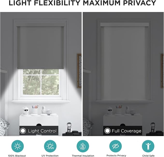 Joydeco 100% Blackout Roller Shades (Pro), Free-Stop Cordless Blinds for Windows, UV Protection, Natural Woven Blinds for Home and Office, Light-Proof Aluminum Cover (White, 29" W x 75" H)