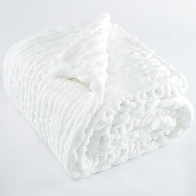Chunky Knit Throw Blanket 60x80, 100% Handmade Chenille Yarn | 6.7lbs Soft Thick Cable Knitted Blankets, Large Rope Knot Crochet Throws for Couch Sofa Bed Machine Washable, Snow White