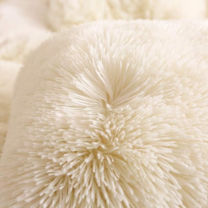 Faux Fur Velvet Fluffy Bedding Duvet Cover Set Down Comforter Quilt Cover with Pillow Shams, Ultra Soft Warm (Queen, Cream)