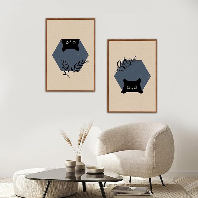 LHIUEM Boho Black Cat Framed Canvas Wall Art,Abstract Cute Animal Wall Decor,Modern Funny Kitty Painting,Beige Dark Leaves Artwork for Living Room,Bedroom,Dining Room -16"x24"x3