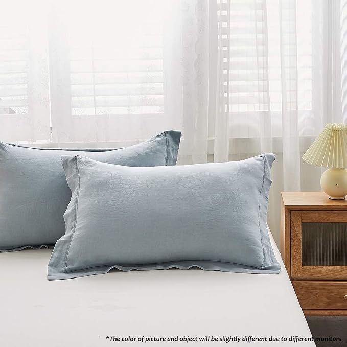 Simple&Opulence 100% Linen Duvet Cover Set with Embroidery Border Washed - 2 Pieces (1 Duvet Cover & 1 Pillow Sham) with Button Closure Soft Breathable Farmhouse - Dusty Blue, Twin Size